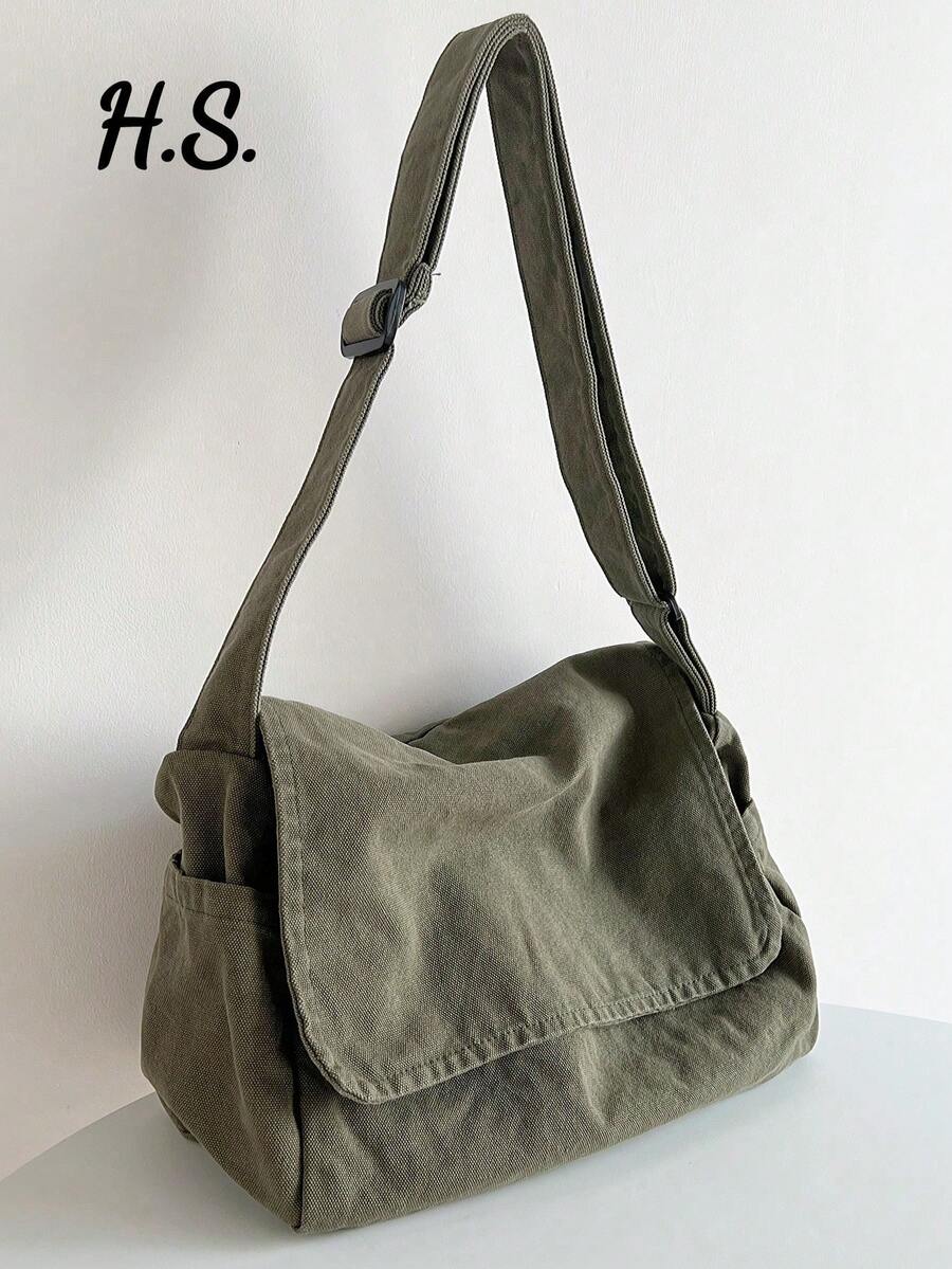 Bolsa cruzada de solapa vintage minimalista, bolsa de lona lavada gruesa, bolsa de mensajero de gran capacidad, versátil y casual, estilo estadounidense para estudiantes universitarios, viaj - Negro - Ver 1