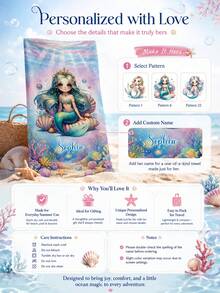 Personalized Mermaid Beach Towel, Customized Name Soft Towel, Cartoon Mermaid Ocean Theme Pattern - Multicolor - View 4