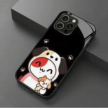 スマホケース：プレミアムな新型強化ガラス作るスマホケース：子犬の人形とふわふわの猫のデザインがSHIされたキュートで楽しい黒い背景、を使うの柔らかいらかく愛らしいスタイル。 - ブラック - チェックする 5
