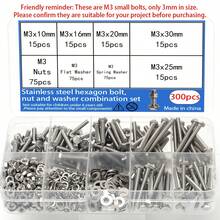 300pcs Stainless Steel Hex Head Bolt Kit With Nuts, Washers, And Spring Washers - DIN933 8.8 Grade, M3 Full Thread, A2/A4 Marine Grade, Metric Coarse Thread, For Machinery (Note: M3 Small Bolts) - A - View 2
