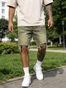 American Retro Distressed Frayed Denim Shorts, Men's Loose Straight LegBermuda Shorts - Yellow - View 11