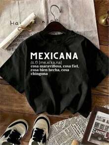 Women's Casual Graphic Print T-Shirt, Mexican Original Design, Comfortable Round Neck, Short Sleeves, Spring/Summer Everyday Wear - Black - View 1