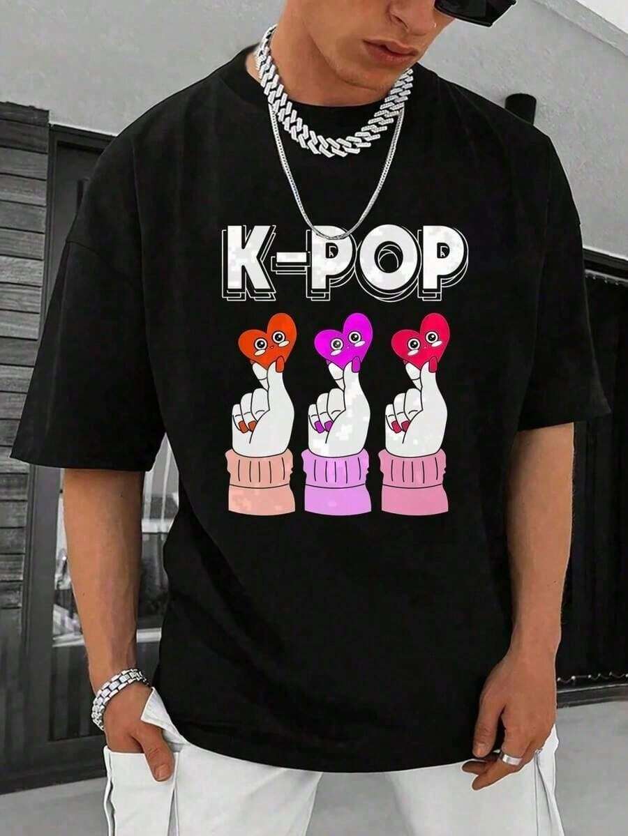 summer2026 K Manos con corazones y suéteres en los dedos Camiseta negra con patrón de dibujos animados, camiseta para hombre% algodón, suave y cómodo, para deporte y ocio, adecuado para el - Negro - Ver 1