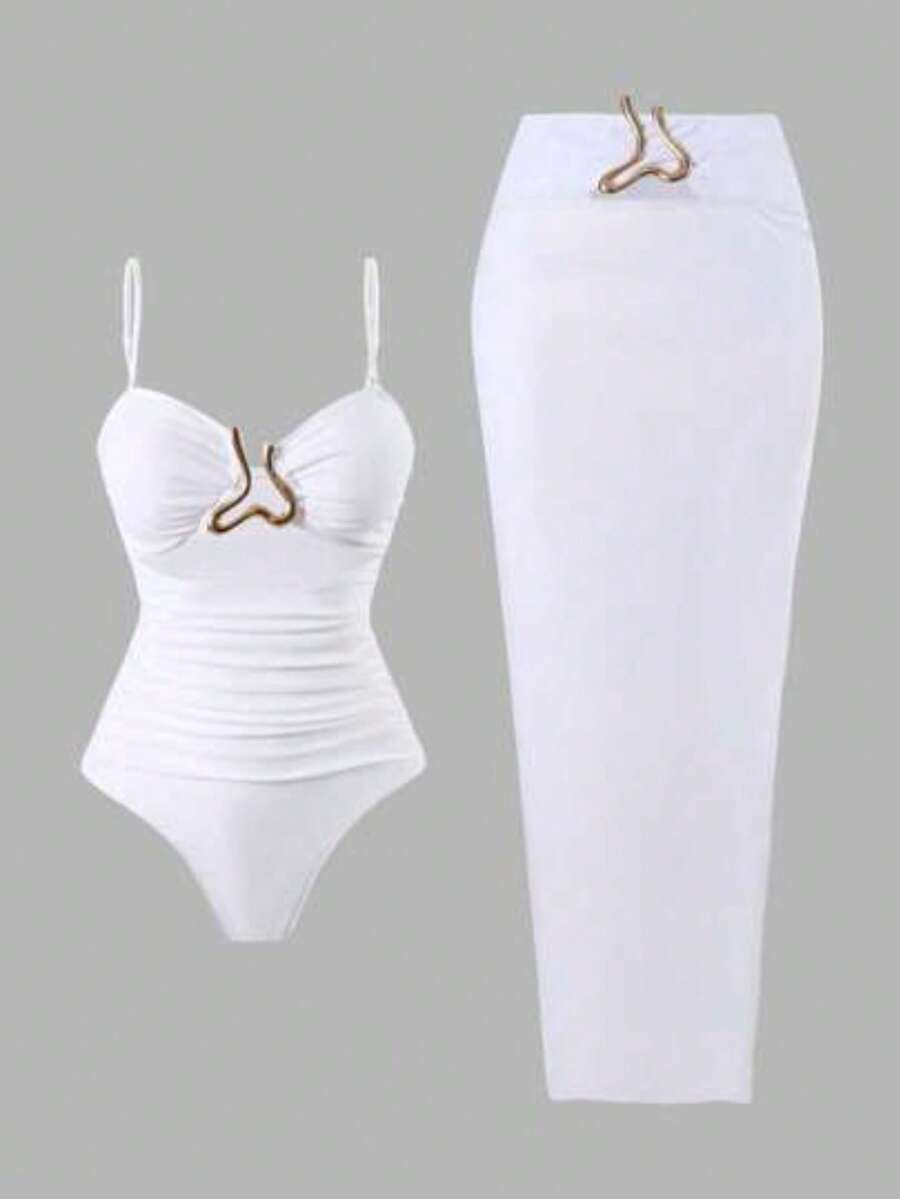 Swim Oasis Set de 2 piezas de traje de baño con bandeau y tiras huecas rojo + falda de cubrir para playa, conjunto de verano de ocio y vacaciones 202 - Blanco - Ver 1
