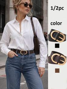 1/2pcs Metal Geometric Buckle Belt, Solid Color Minimalist Versatile Belt Suitable For Pants And Skirts - Gold Buckle - View 1