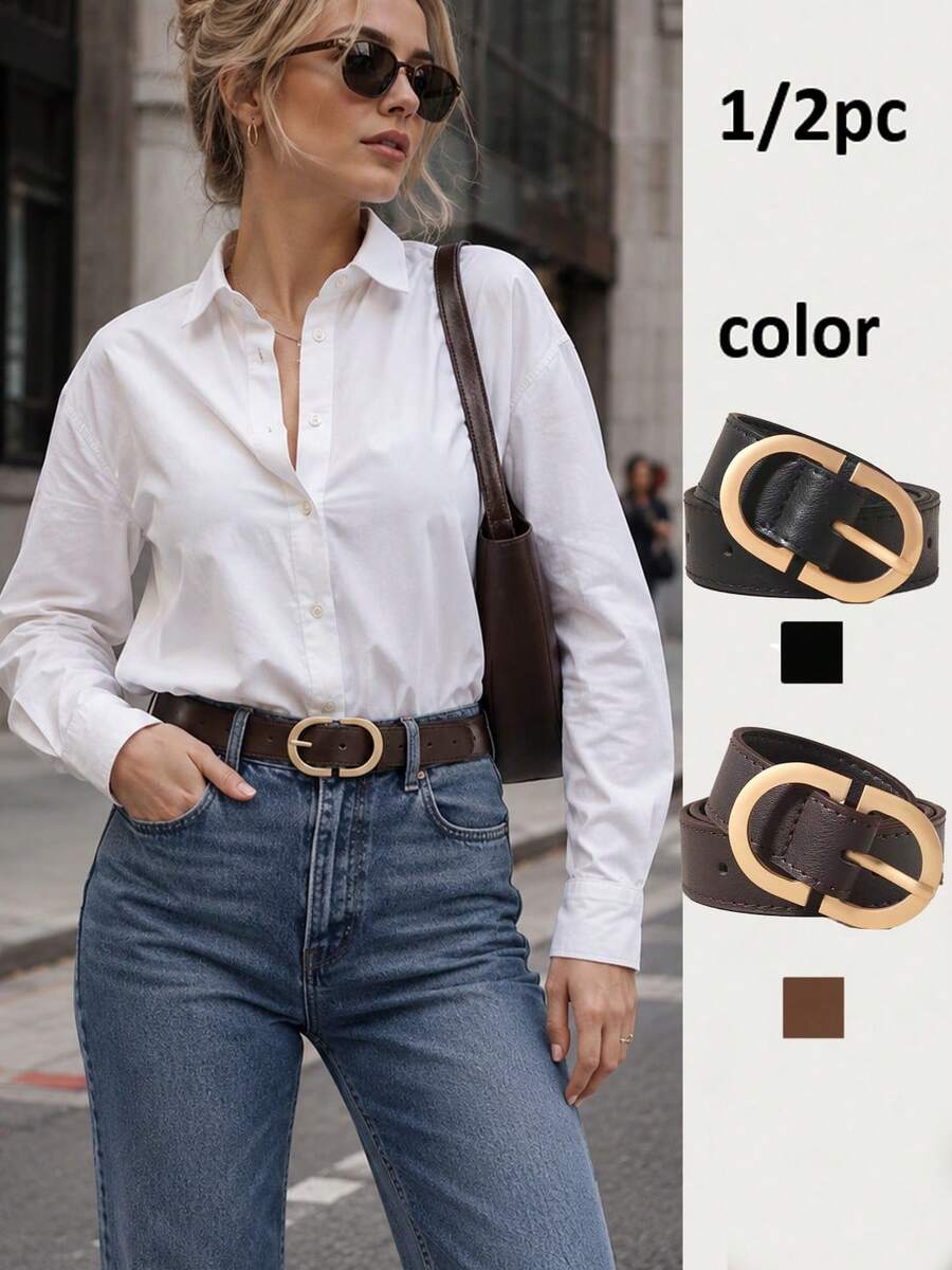 1/2pcs Metal Geometric Buckle Belt, Solid Color Minimalist Versatile Belt Suitable For Pants And Skirts - Gold Buckle - View 1