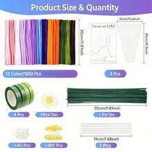 800pcs Pipe Cleaner Flower Set, DIY Pipe Cleaner Handmade Bouquet Making Kit, Includes Floral Wire And Tape, DIY Chenille Stem Craft Materials, Includes Wrapping Paper And Ribbon, Suitable For Home Decor - Multicolor - View 11