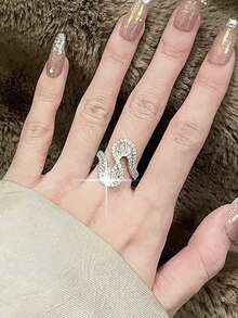 1 pieza Anillo abierto con diseño de cinta en forma de S único, chapado en plata con pavé completo de circonita cúbica brillante, joyería para mujer para uso nupcial, boda, uso diario, fiesta y regalo - Blanco - Ver 3