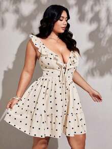 Viva Relle Vestido elegante y romántico para mujeres de talla grande, con cuello en V profundo, estampado de lunares, volantes en el bajo y lazo - Albaricoque - Ver 1