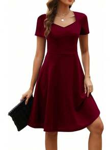 Vestido Elegante Vintage para Mujer HELYO, Cuello Corazón, Manga Corta, Casual, para Trabajo o Fiesta, Corte en A, con Bolsillos 163 - Burdeos - Ver 3
