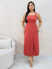 Elegant Long Dress With Slit, Elasticated Waistband, And Viscose Lining - Perfect For Parties, Weddings, And Graduations. - 亮橙色 - 查看 5