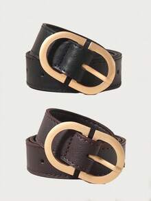 1/2pcs Metal Geometric Buckle Belt, Solid Color Minimalist Versatile Belt Suitable For Pants And Skirts - Gold Buckle - View 5