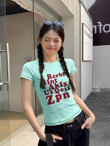 女款紅色字母印花修身薄荷綠方肩T恤，夏季辣妹Y2K短袖上衣休閒風 - 薄荷綠 - 查看 3