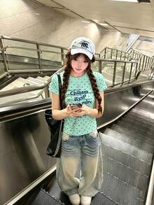女款夏季美式風格圓領短袖T恤，波點與字母印花，Y2K休閒風 - 薄荷綠 - 查看 1