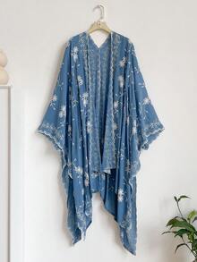 1 buah Kimono Sarong Selendang Bordir Gaya Bohemian Motif Bunga Elegan untuk Wanita, Cardigan Pelindung Matahari untuk Liburan Pantai Musim Semi dan Musim Panas, Modis, Serbaguna, Ringan, Mewah, dan Dekoratif, Cocok untuk Pemakaian Sehari-hari, Pilihan Hadiah - Biru - View 7