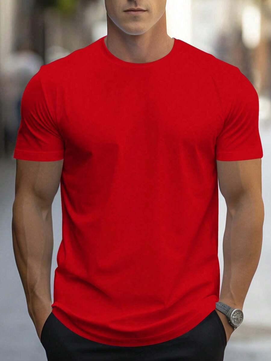 NEOREFINED Men's Casual Solid Color Round Neck Short Sleeve T-Shirt For Summer - 紅色 - 查看 1