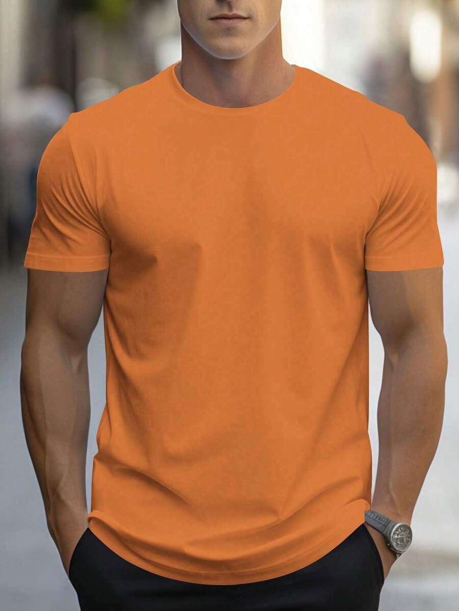 NEOREFINED Men's Casual Solid Color Round Neck Short Sleeve T-Shirt For Summer - Jeruk - View 1
