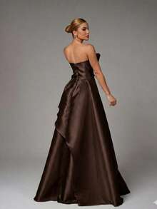 Elegant, Conservative Strapless Princess Dress For Weddings Or Graduation Parties. - Rust Brown - View 2