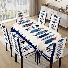 1/4/5/6/7pcs Blue And White Cartoon Fish Ocean Pattern Printed Chair Covers/Chair Slipcovers Set, Suitable For Indoor Home, Restaurant, Hotel, Ideal Choice For Modern Daily Decor. Tablecloth Fits Square Dining Table, Elastic Chair Covers Are Washable. - Multicolor - View 17