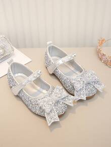 Girls' Pearl & Rhinestone Princess Shoes, Bow Decor Soft Sole Shoes, Spring Summer Autumn Casual Versatile Outfit - Silver - View 2