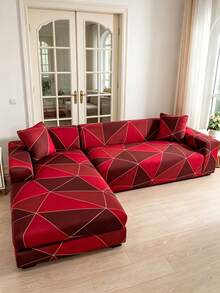 1pc Geometric Pattern Printed Sofa Cover, Dust-Proof & Stain-Resistant, Elastic One-Piece Full Coverage Sofa Protector, Living Room Home Decor, 1/2/3/4 Seater Sofa Decoration, All Season Use, Holiday Decor, Machine Washable, Pillowcase Not Included - Red - View 10