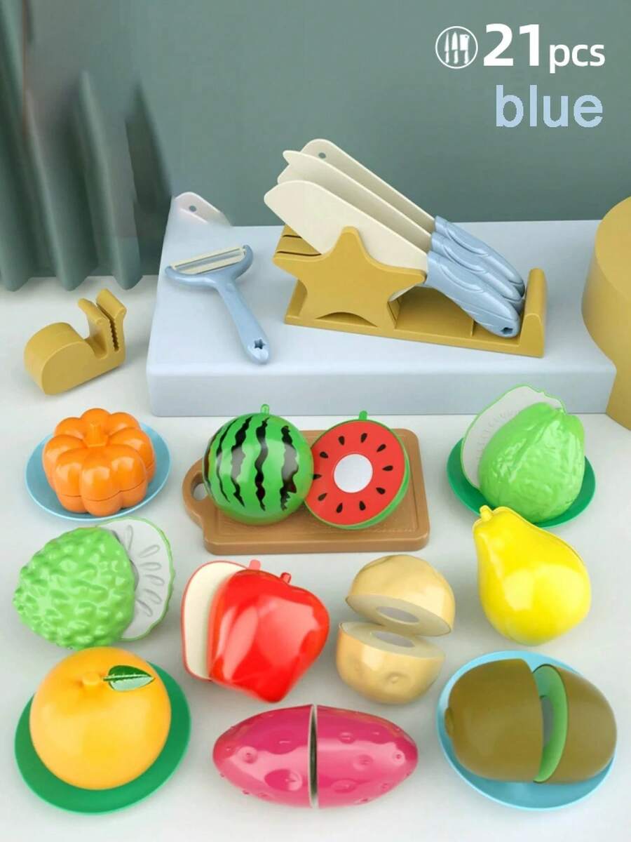 Children's Kitchen Toy Set, Montessori Simulation Kitchen Utensils, For Little Chefs, With Cutting Board For Fruits And Vegetables - 21-piece Blue Knife Set - View 1