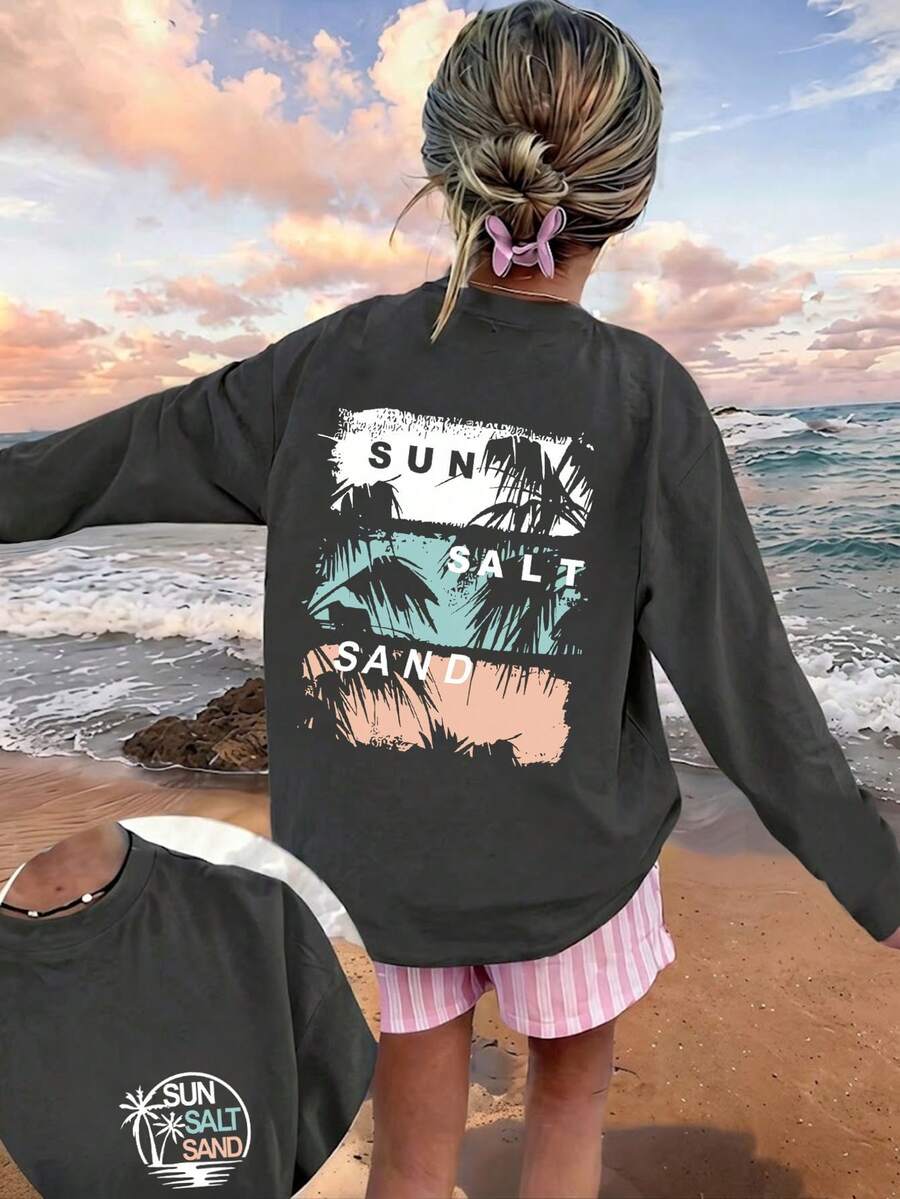 Teen Girl Casual Fun Print Round Neck Pullover Long Sleeve T-Shirt, Autumn/Winter Top - Dark Grey - View 1