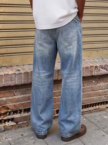 Vintage Silver Rhinestone Star Washed Blue Denim Jeans For Men, Retro Street Staggered Star Decor Draped Loose Fit Jeans, Suitable For Daily Commute And Streetwear, Low-Key Yet Distinctive - Blue - View 4
