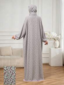 Floral Headscarf & Robe Set Arabic Lace Trim Abaya Dress Casual Loose Printed Cover-Up Southeast Asian Resort Style Robe Fall - Multicolor - View 5