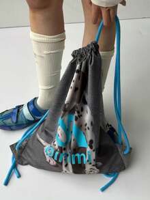 2026 New Korean-Japanese Style College Drawstring Backpack, Spotted Puppy Print, Lightweight Versatile School Bag For Travel, Double-Sided Wear, Silver And Blue Contrast Color - Grey - View 4