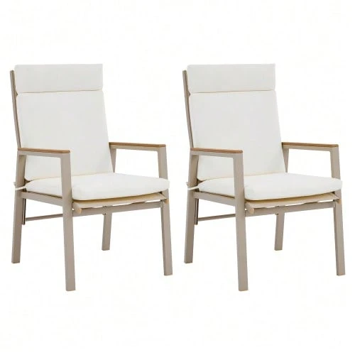 2 Comfortable And Breathable Outdoor Dining Chairs, Wood-Plastic Composite Armrests, Teslin Seat, Galvanized Iron Frame, Khaki And Beige - Beige - View 1
