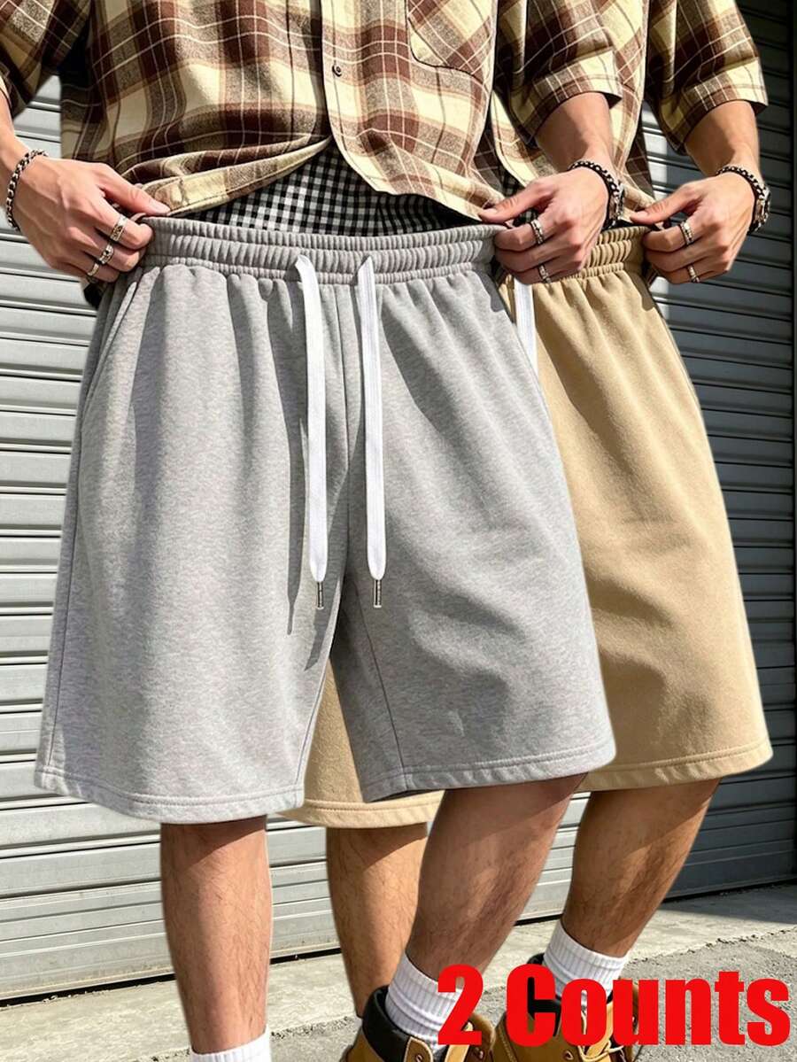 2pcs/Pack Men's Fashion Outdoor Casual Shorts, With Side Pockets, Drawstring Waist, Solid Color Design, Men's Shorts Sports - Multicolor - View 1