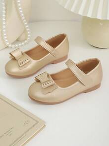 Zapatos de fiesta y cumpleaños para niñas con lazo dorado brillante y suela blanda - Dorado - Ver 7