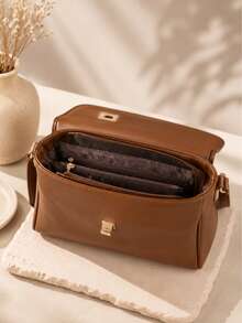 Women's Stylish Solid Color Handbag, Flap Closure With Lock, Versatile For Shoulder, Crossbody Wear, Large Capacity, Sophisticated Look For Commuting - Brown - View 6