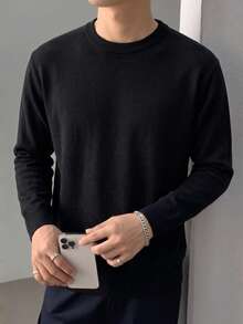 Men's Solid Color Crew Neck Knit Undershirt, Featuring Ribbed Cuffs And Hem Design, Long Sleeve Suitable For Office Layering And Daily Wear - Black - View 5