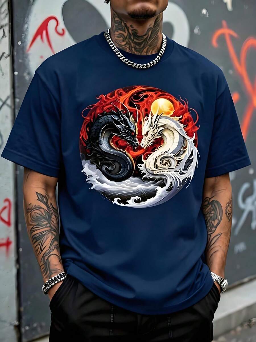 Men's Loose Fit T-Shirt, Realistic Illustration In Oriental Art Style In Yin Yang Circle, A Black Dragon With Red Flames And Golden Sun. - 藏蓝色 - 查看 1