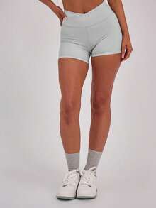 Seamless Crossover Waist Slim Fit Shorts, Soft Fabric Fitness Shorts For Women, Suitable For Sports And Everyday Wear - 淺灰色 - 查看 1