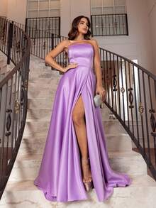 Strapless Party Dress With Crossover Back Closure. - Lilac Purple - View 2