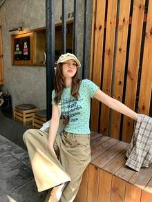 女款夏季美式風格圓領短袖T恤，波點與字母印花，Y2K休閒風 - 薄荷綠 - 查看 3