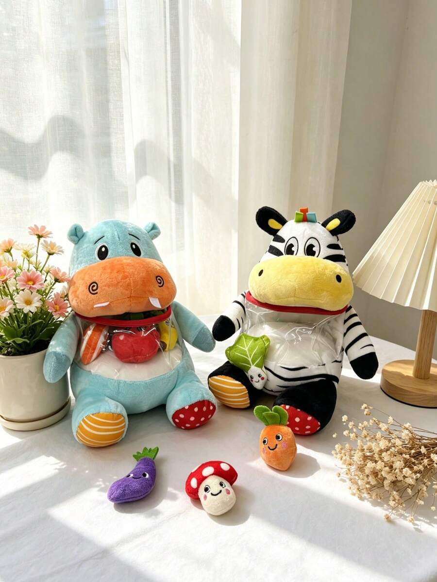 1 pieza Muñeco de almacenamiento para juego de roles para bebé niño & niña, muñeco educativo con forma de animales de dibujos animados hipopótamo & cebra, regalo de consuelo & compañía para bebé, desarrolla las habilidades de organización del bebé, entrena el agarre, muñeco de aprendizaje temprano de cognición de frutas & verduras, iluminación de sonido & audición, adecuado como regalo para bebé recién nacido