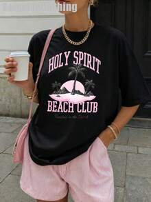 Damen-T-Shirt, Holy Spirit Beach Club Grafikdruck, Vintage Casual Sommer-Top, Rosa Palmen-Design, Relaxed Fit, Streetwear-Stil, Schwarze Farbe, Tre - Schwarz - Übersicht 1