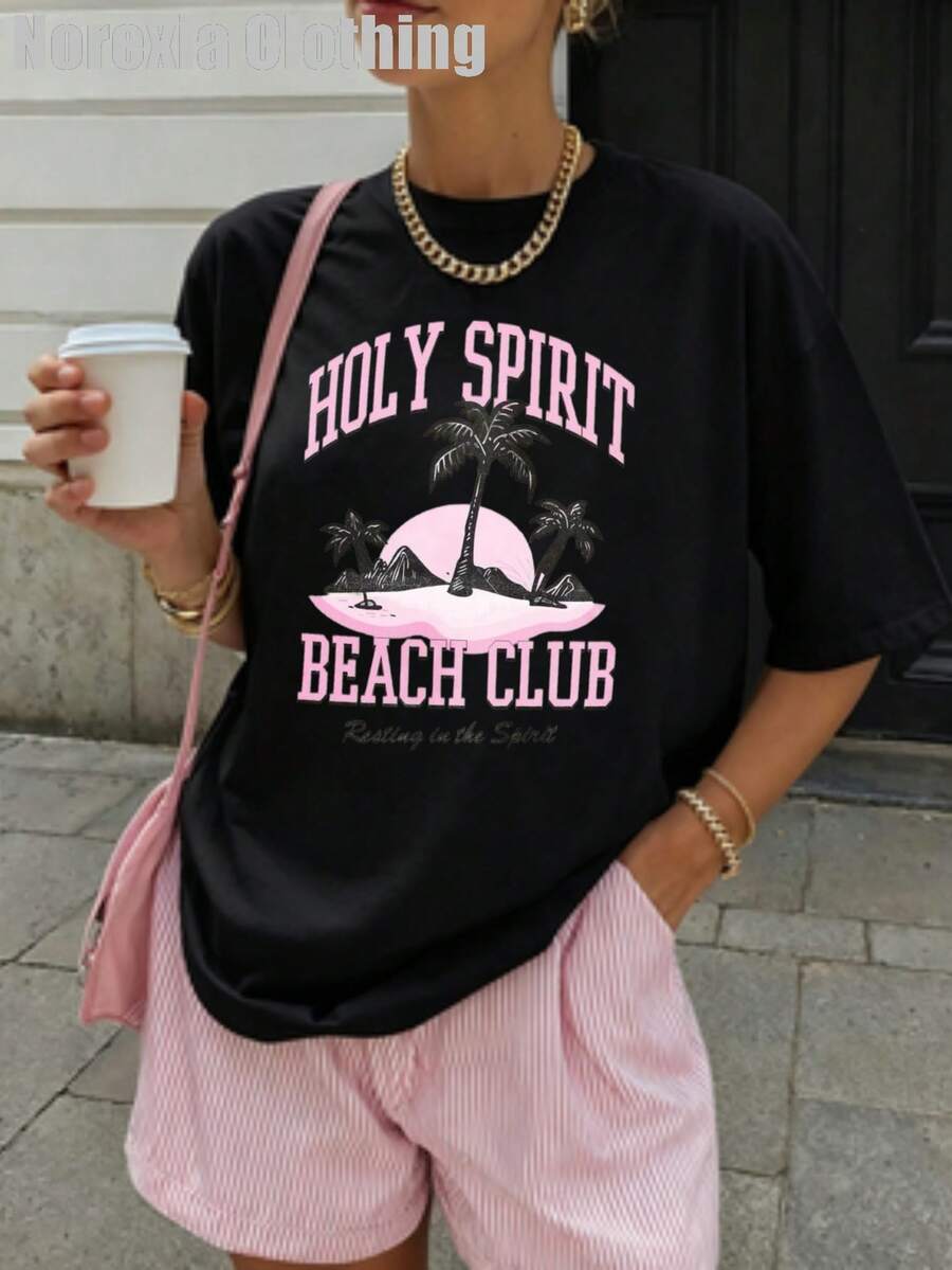 Damen-T-Shirt, Holy Spirit Beach Club Grafikdruck, Vintage Casual Sommer-Top, Rosa Palmen-Design, Relaxed Fit, Streetwear-Stil, Schwarze Farbe, Tre - Schwarz - Übersicht 1