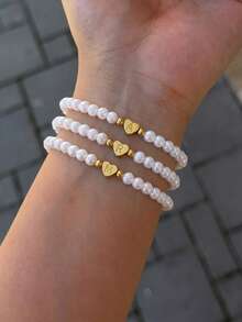 1pc Bohemian Exquisite Kawaii Mini Gold Heart Initial Pendant With Faux Pearl Handmade Beaded Bracelet, Suitable For Women, Girls, Family, Friends, Summer, Travel, Street Fashion Accessory, Perfect For Daily Decoration, Holiday Birthday Gift For Daughter, Granddaughter, Girlfriend - Yellow Gold - View 2