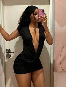 Women's Deep V-Neck Criss-Cross Strap Mini Dress In Fuchsia,Afro Fashion Outfits,Blue Dress,Vacation Outfits Women - Black - View 3