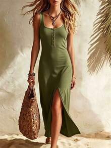 Vestido Casual de Mujer de Color Sólido con Cuello Redondo y Botones sin Mangas para Primavera/Verano 2026 - Verde militar - Ver 1