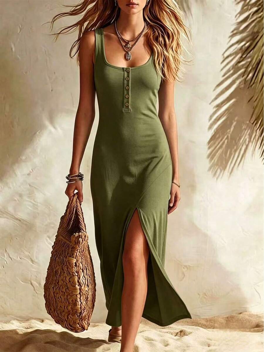 Vestido Casual de Mujer de Color Sólido con Cuello Redondo y Botones sin Mangas para Primavera/Verano 2026 - Verde militar - Ver 1