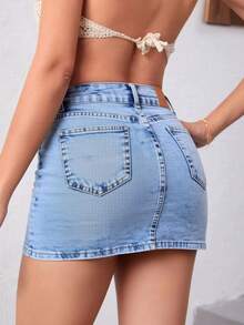 High-Waisted Fitted Mini Skirt With Cargo Pockets, Available In A Variety Of Colors With A Retro-Washed, Stretchy Finish. - Dusty Blue - View 4