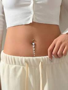1pc Long Heart-Shaped AAA Zirconia Navel Ring, Dangle Zirconia Belly Button Stud With Tassel, Piercing Jewelry - Silver - View 3