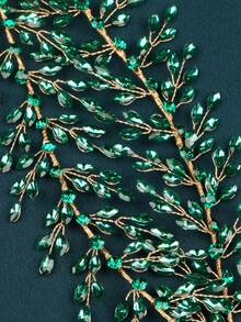 European & American Fashion Green Long Leaf Rhinestone Headband, Handmade Colorful Crystal Bridal Side Hair Accessory, Wedding Gown Evening Dress Styling Rhinestone Headpiece - Green - View 5