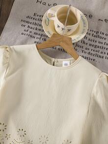 Left Mama Girls' Simple Casual Hollow Pattern Long Sleeve Top & Straight Leg Pants Set, Spring/Autumn - Apricot - View 4